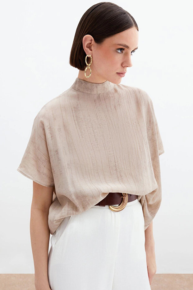 Patterned Shabby Blouse - Beige - 4