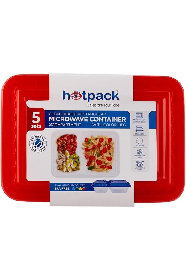 حاوية ميكروويف مستطيلة شفافة مضلعة مكونة من قسمين وأغطية متعددة الألوان، 5 مجموعات - 3