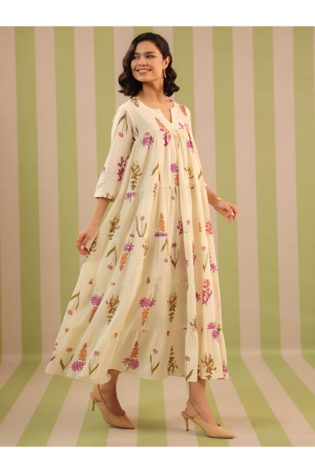 Cotton Breezy White Floral Printed Flared Dress with Lining