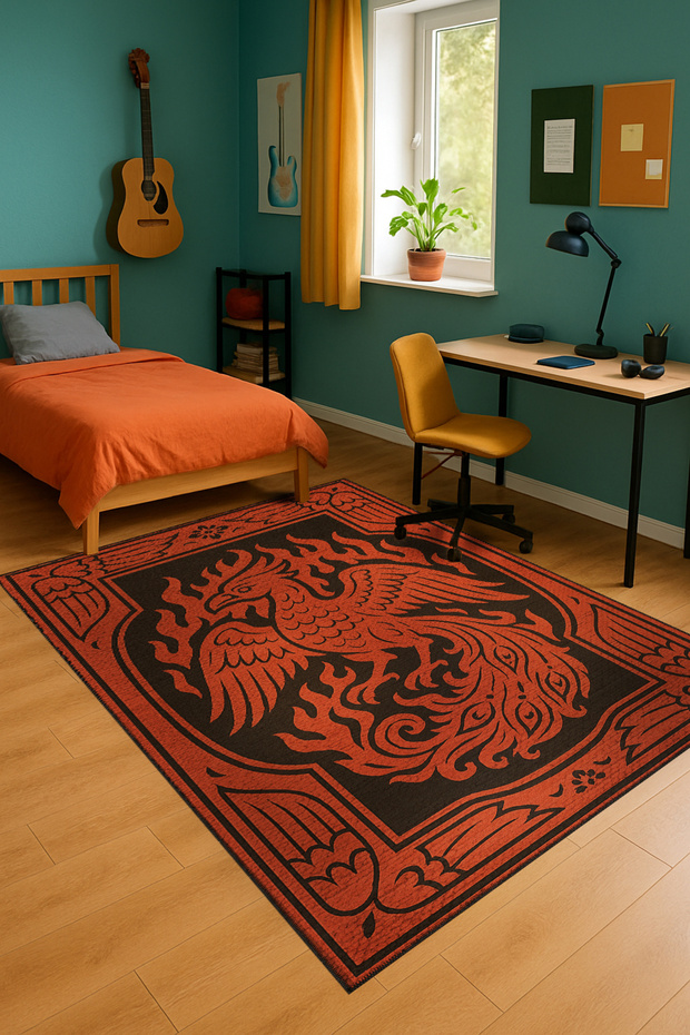 Mosso Red Themed Dragon Figure Patterned Woven Base Modern Decorative Rug Mosso1019Red