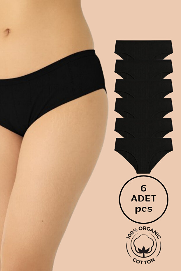Women's 6-Piece Black Jacquard Bato Panties - 100% Cotton