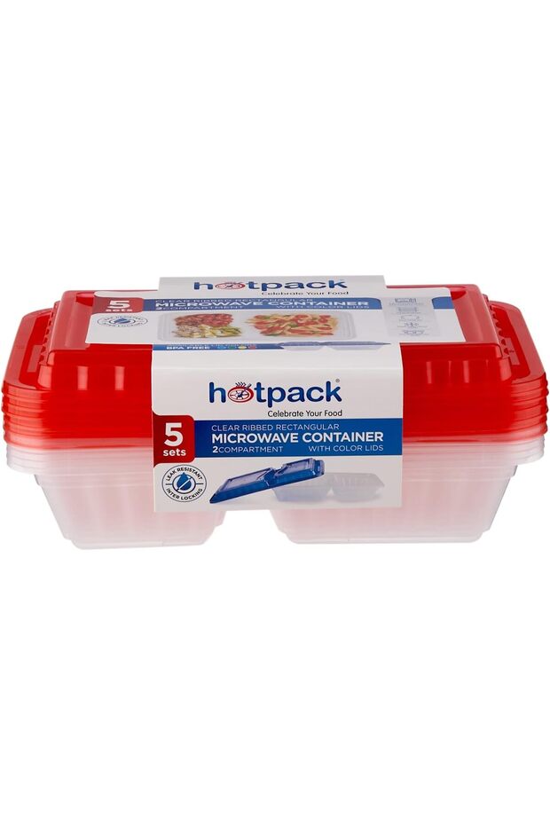 حاوية ميكروويف مستطيلة شفافة مضلعة مكونة من قسمين وأغطية متعددة الألوان، 5 مجموعات - 7