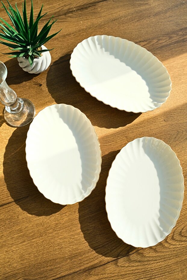Bone Luz Form Kayık Tabak Seti Altın 3 Parça - 1