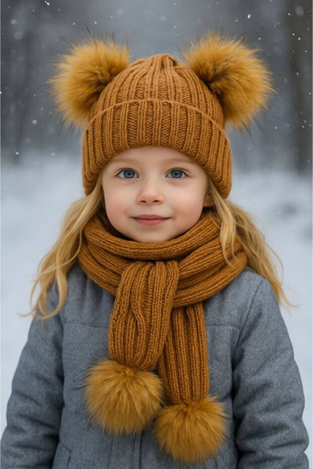 Baby Girl Double Pompom Scarf Beanie Set 4/14 Years