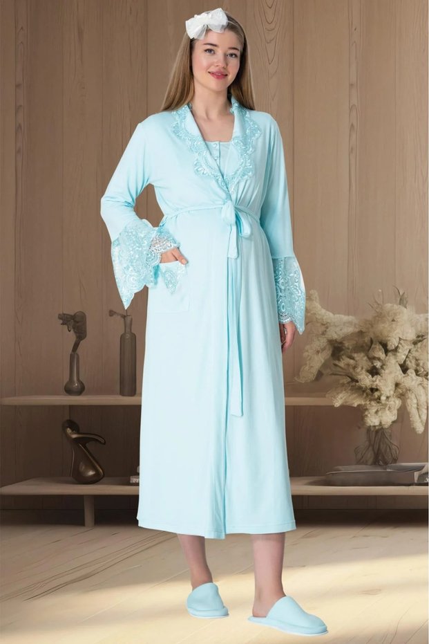 Women's Turquoise Shawl Collar Lace Detailed Long Sleeve Design Maternity Nightgown Dressing Gown Set 2-Piece Set
