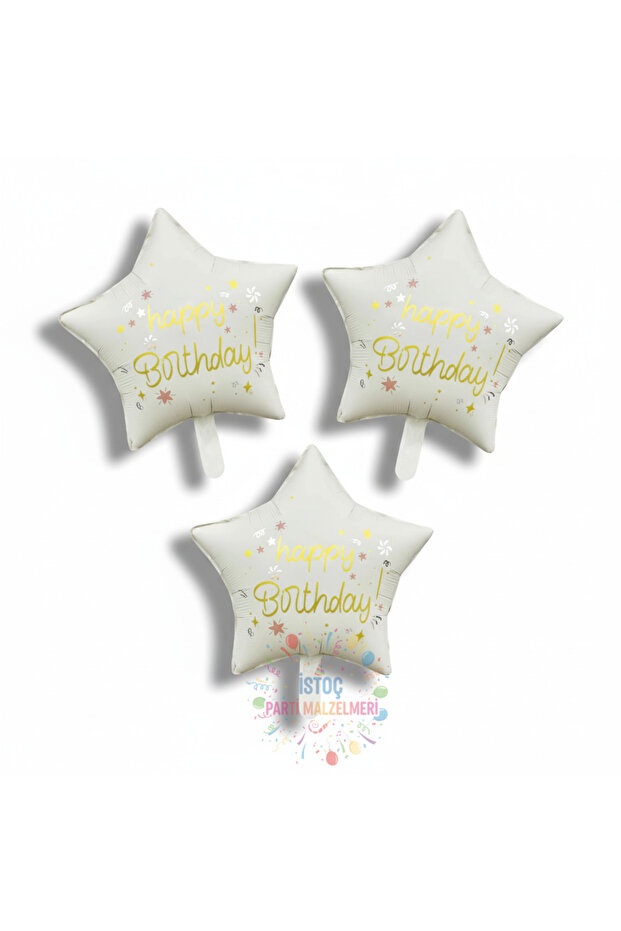 İstoç Happy Birthday Written Cream Color Star Foil Balloon 3 Pieces