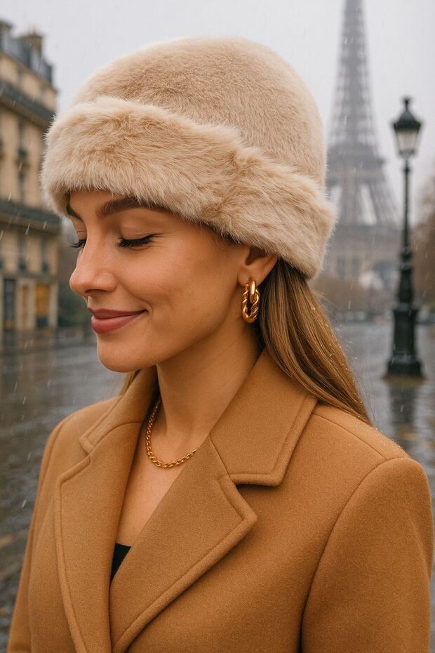Beige Faux Fur Plush Heart Women's Hat