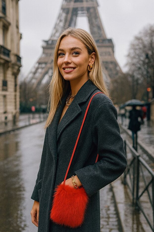 Red Soft Textured Plush Strap Women's Bag