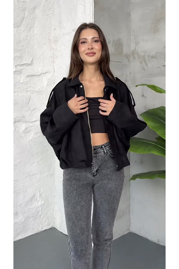 سترة بومبر فاخرة كبيرة الحجم من الجلد المدبوغ - 3