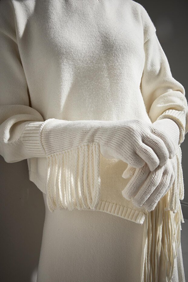 Püsküllü Ekru Triko Eldiven - 3