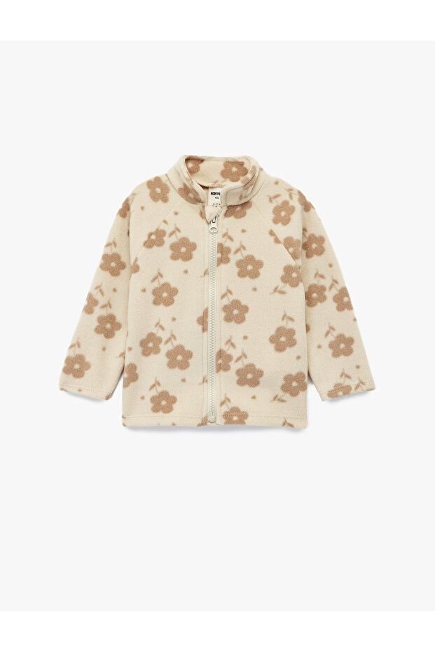 High Neck Long Sleeve Zippered Floral Fleece Sweatshirt