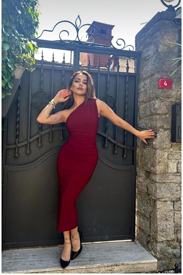 İsabella Tek Omuz Detaylı Drapelli Yırtmaçlı Elbise - 1