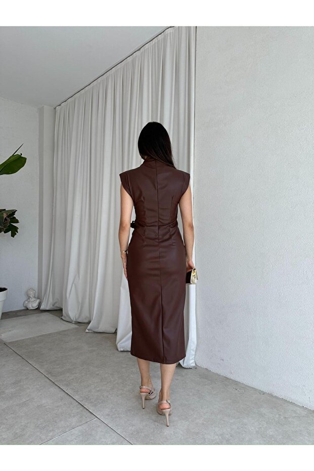 TAYLOR Midi Deri Elbise 8570 - Acı Kahve - 4