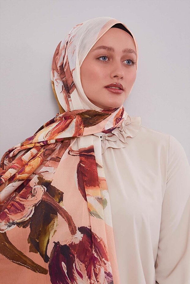 Salmon Tulip Pattern Cotton Shawl - 3