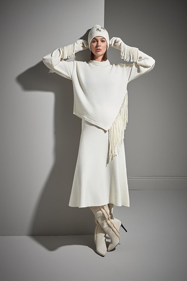 Püsküllü Ekru Triko Eldiven - 6