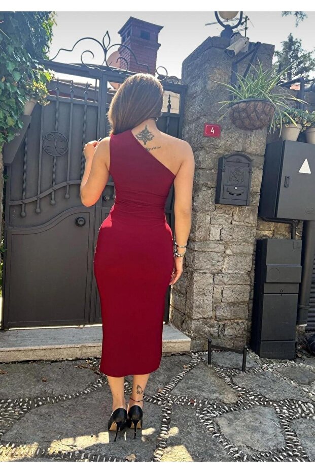 İsabella Tek Omuz Detaylı Drapelli Yırtmaçlı Elbise - 3