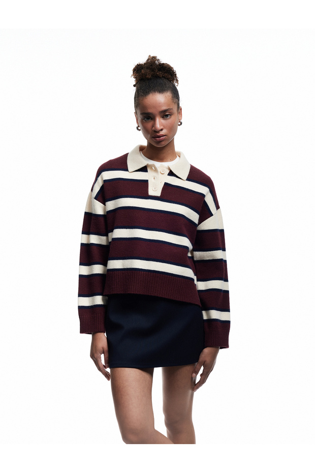 Polo Neck Striped Knitwear Sweater