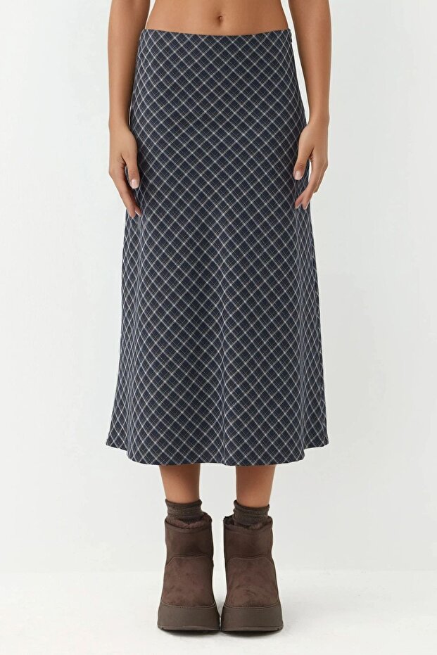 Fermuarlı Midi A-Form Kesim Ekose Etek - 1