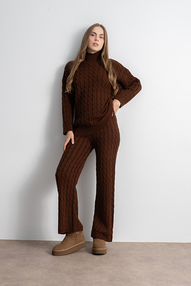 Knitted Patterned Oversize Women's Knitwear Trousers - Sweater Set