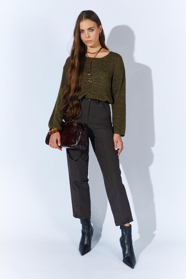 Women's Coffee-Colored Buttoned Double-Stitched Pants