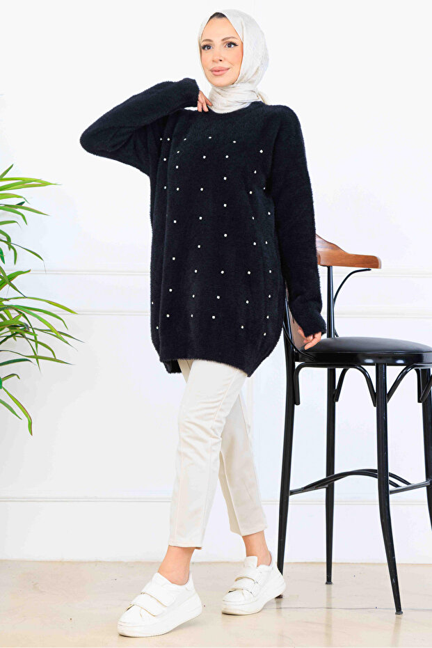 Stone Detailed Knitwear Tunic S3008 Black