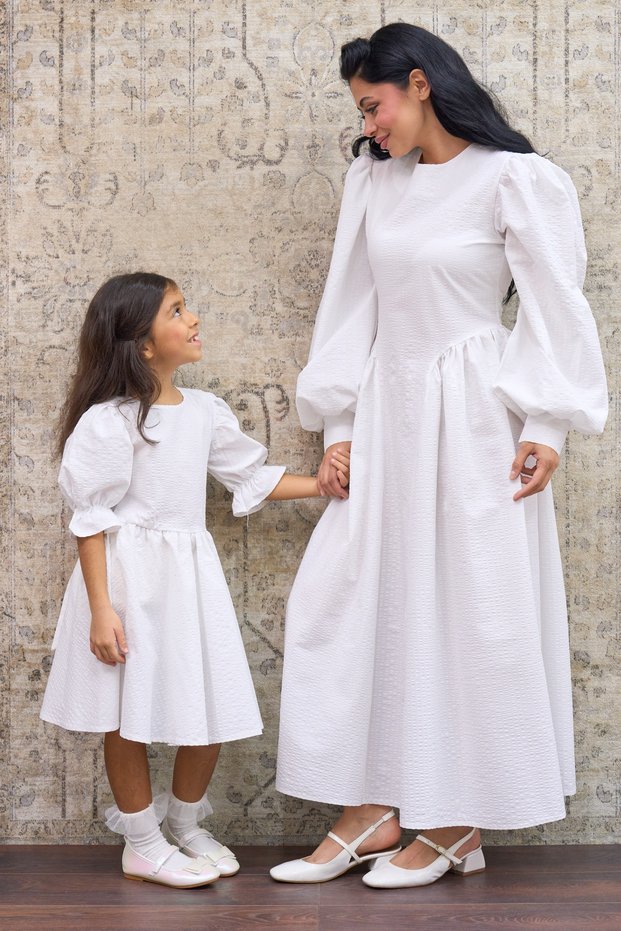 White Seersucker Mother-Daughter Dress Combination (Sold as Single)