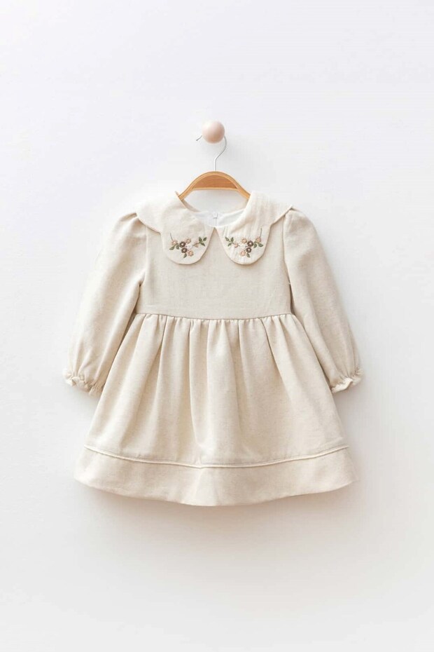 Fleur Baby Girl Child Flower Embroidery Detail Ruffled Linen-Collared Lined Dress