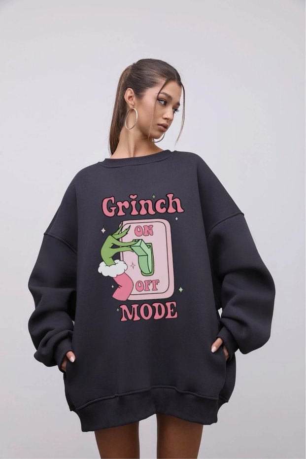Women's Oversize Sweatshirt Dress Grinch Mode Printed Smoked – Crew Neck, 3 Thread Fleece
