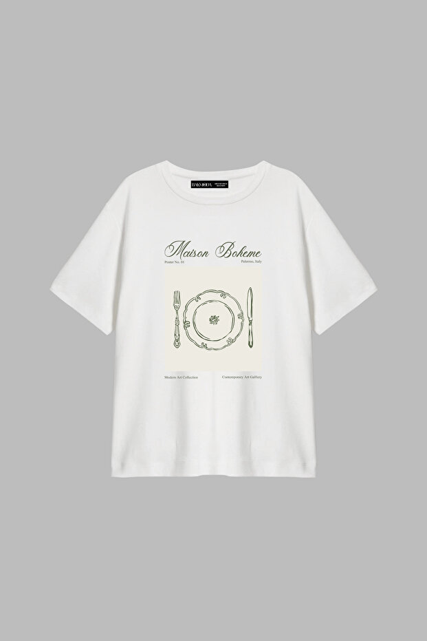 Maison Boheme Printed Relaxed Fit White Women's Tshirt