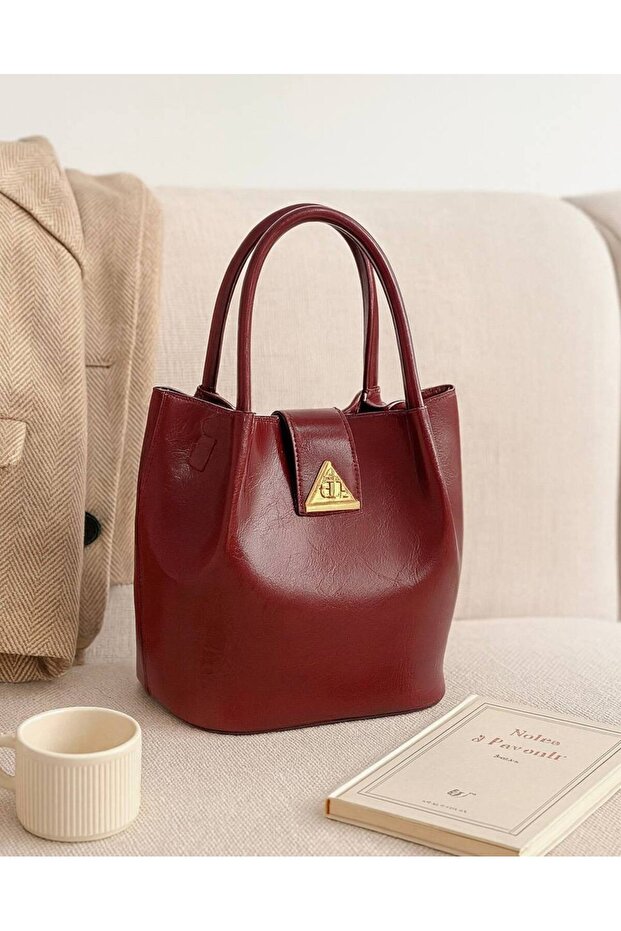 Women's Burgundy Bucket Model Mini Leather Hand and Shoulder Bag with Inside Compartment