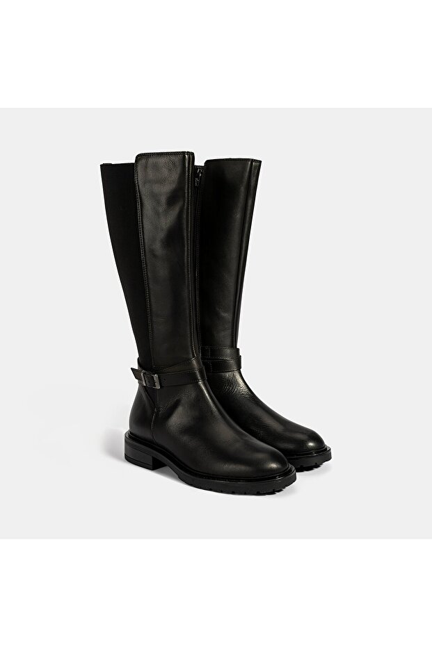 Women's Black Leather Boots with Metal Buckle Detail