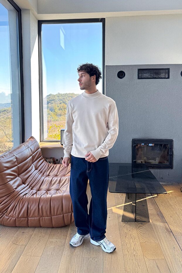 Boğazlı Basic Triko Kazak Bej - 3