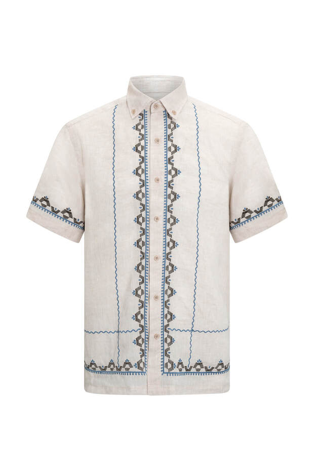 Beige Comfort Fit Button down Collar Short Sleeve Linen Shirt