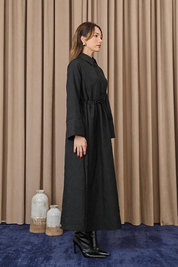 Kadın Belden Tünelli Kapitone Elbise - 20713ELB - Siyah - 4