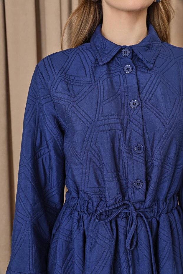 Kadın Belden Tünelli Kapitone Elbise - 20713ELB - Lacivert - 6