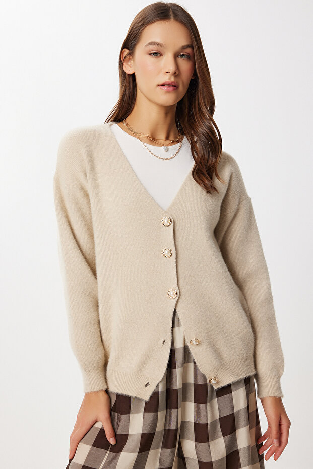 Soft Textured Buttoned Knitwear Cardigan Li̇y0004 Beige