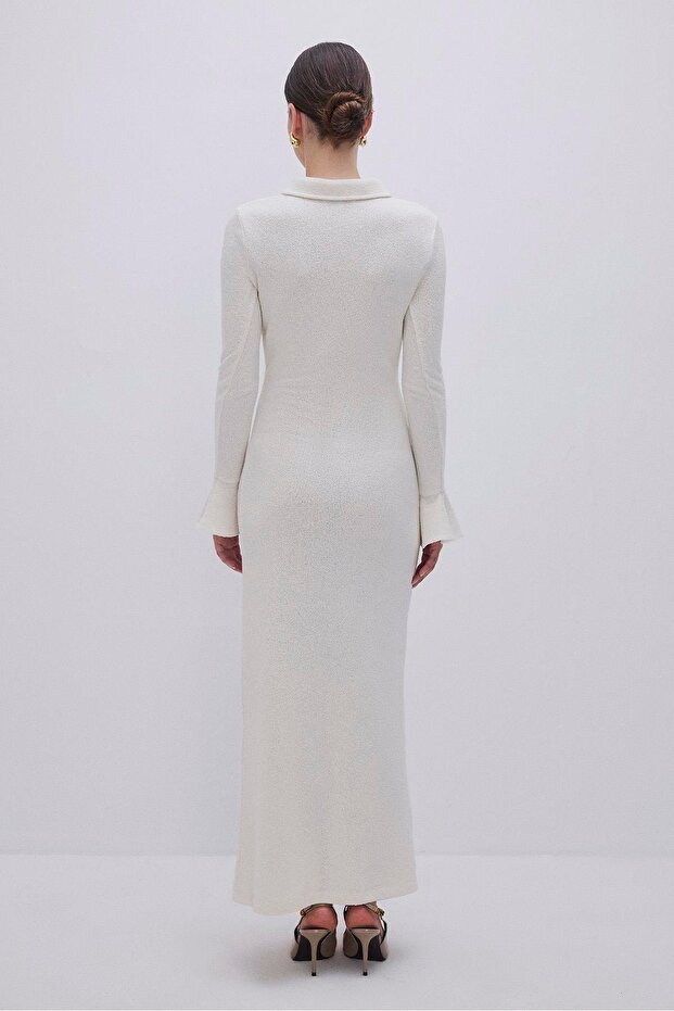 DÜĞME DETAYLI ÖRME ELBİSE BEJ - 3