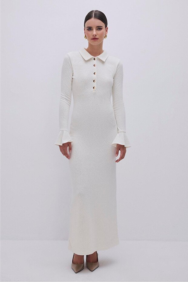 DÜĞME DETAYLI ÖRME ELBİSE BEJ - 2