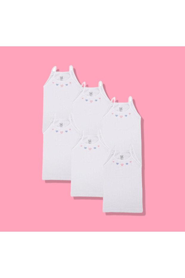 Tutku Girl's Tank Top with Rope Straps and Embroidered Ribbed Pattern, Pack of 6