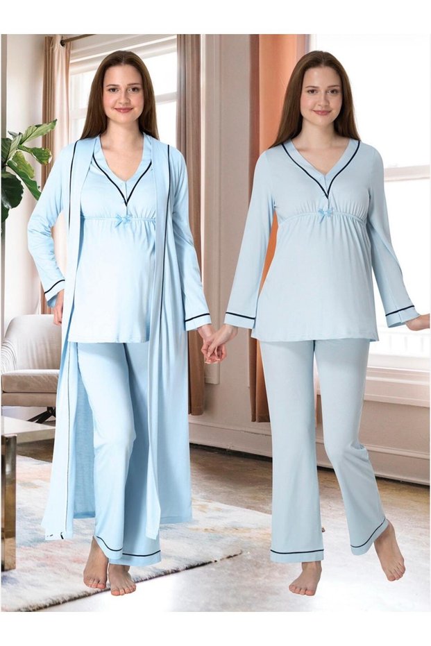 Women's Blue Special Design Cotton Maternity Pajamas Set 3-Piece Set
