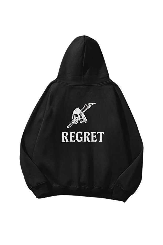 سويت شيرت هوديي أسود كبير الحجم مطبوع عليه Regret للجنسين
