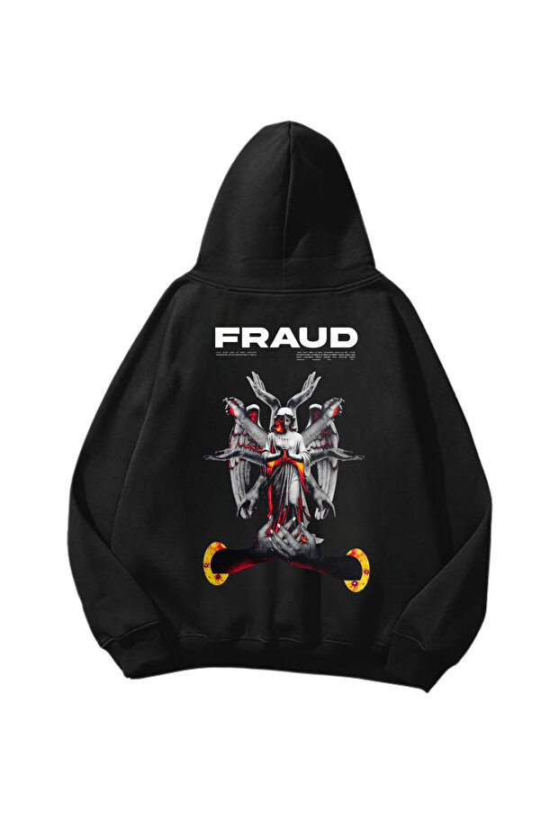 سويت شيرت هوديي أسود كبير الحجم مطبوع عليه Fraud للجنسين