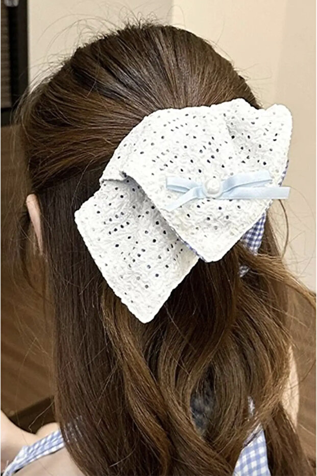 Double-Sided Bow Detailed Embroidery Cream Hair Clip