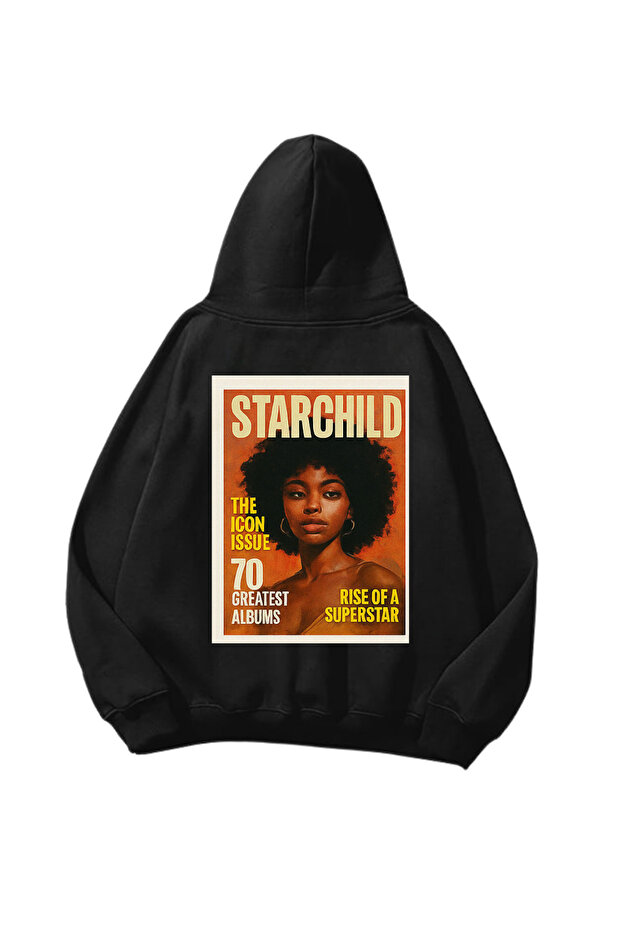 Starchild Printed Black Oversize Unisex Hoodie Sweatshirt
