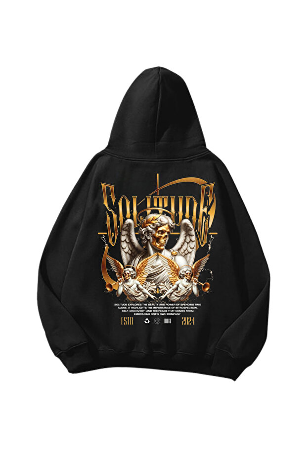Soul Work Printed Black Oversize Unisex Hoodie Sweatshirt