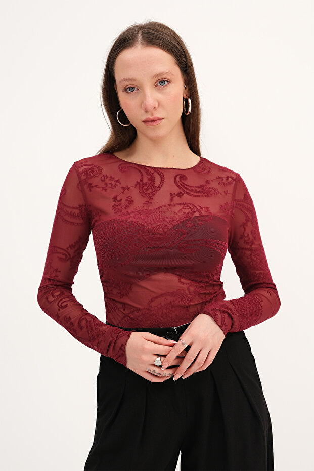 Desenli Tül Bluz B18507 - 1