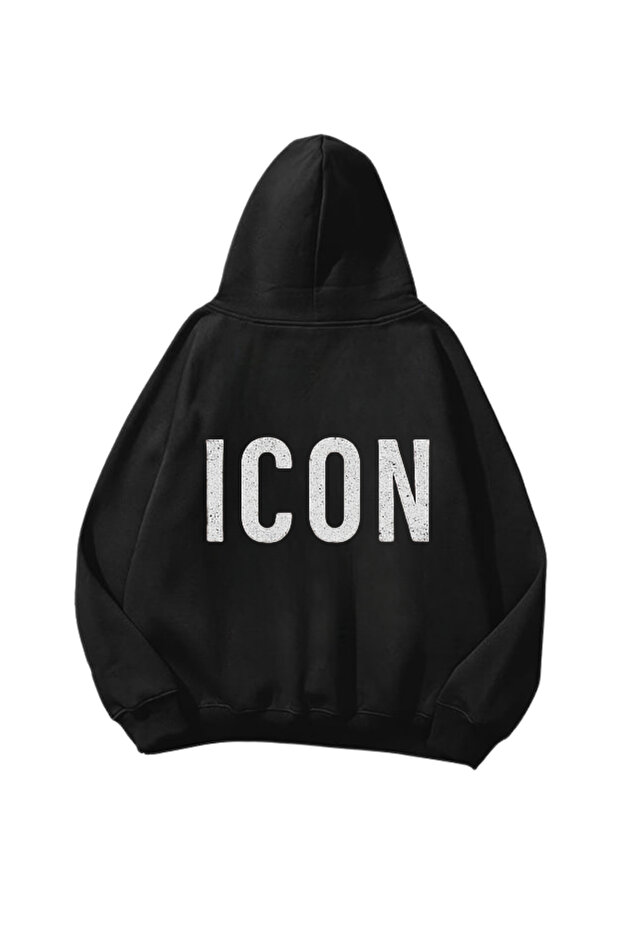 Icon Glitter Printed Black Oversize Unisex Hoodie Sweatshirt
