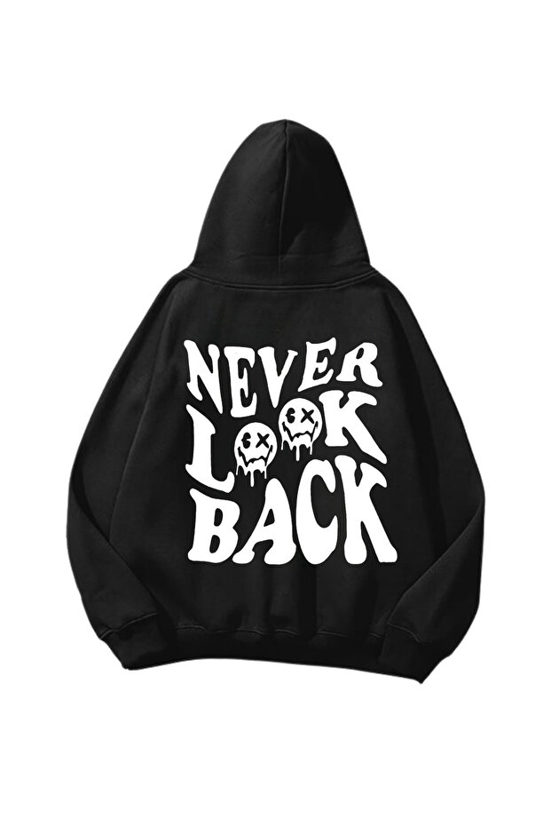 Never Look Back Printed Black Oversize Unisex Hoodie Sweatshirt