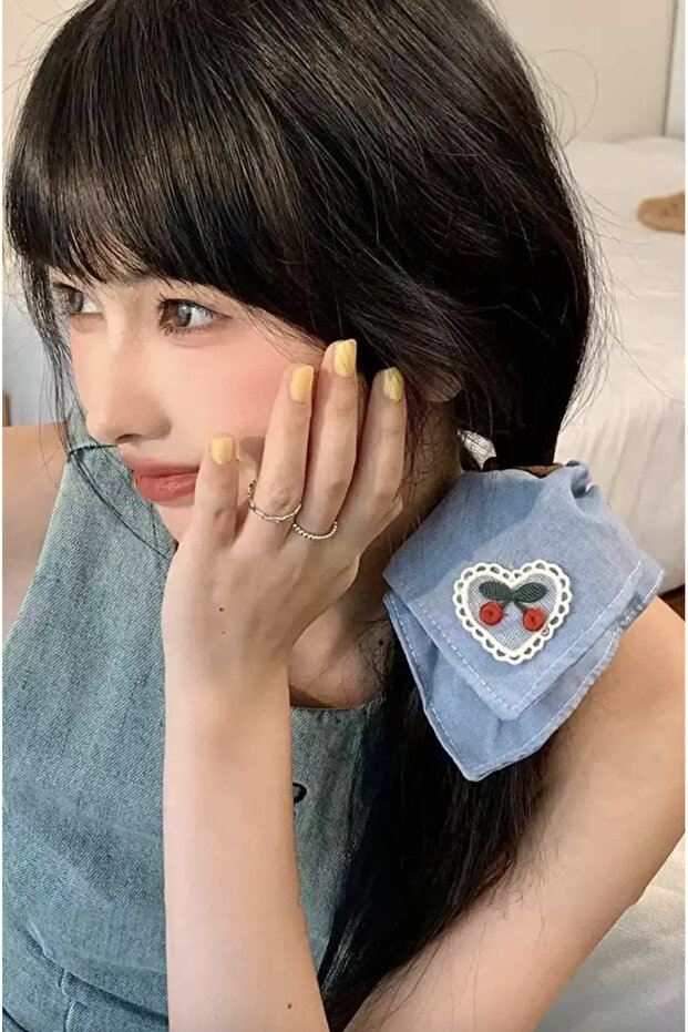 Cherry Figure Embroidered Denim Hair Clip
