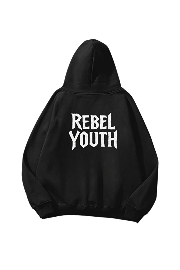 Rebel Youth Printed Black Oversize Unisex Hoodie Sweatshirt